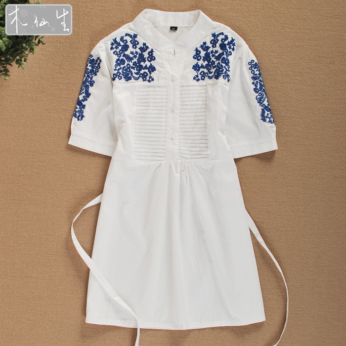 Free shipping  embroidery national trend embroidered slim waist women short and long sleeve  white female shirt 516 wholesale