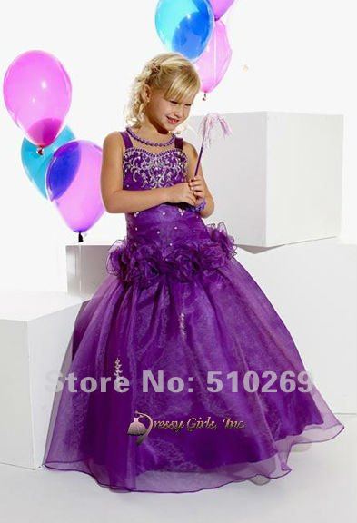 Free Shipping  Embroidery Purple Satin and Organza Spaghetti Straps Flower Girl Dresses