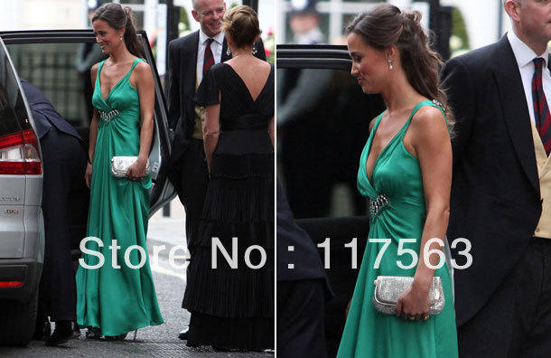 Free Shipping Emerald Green V Neck Ankle Length Celebrity  Evening Dresses Women CD002