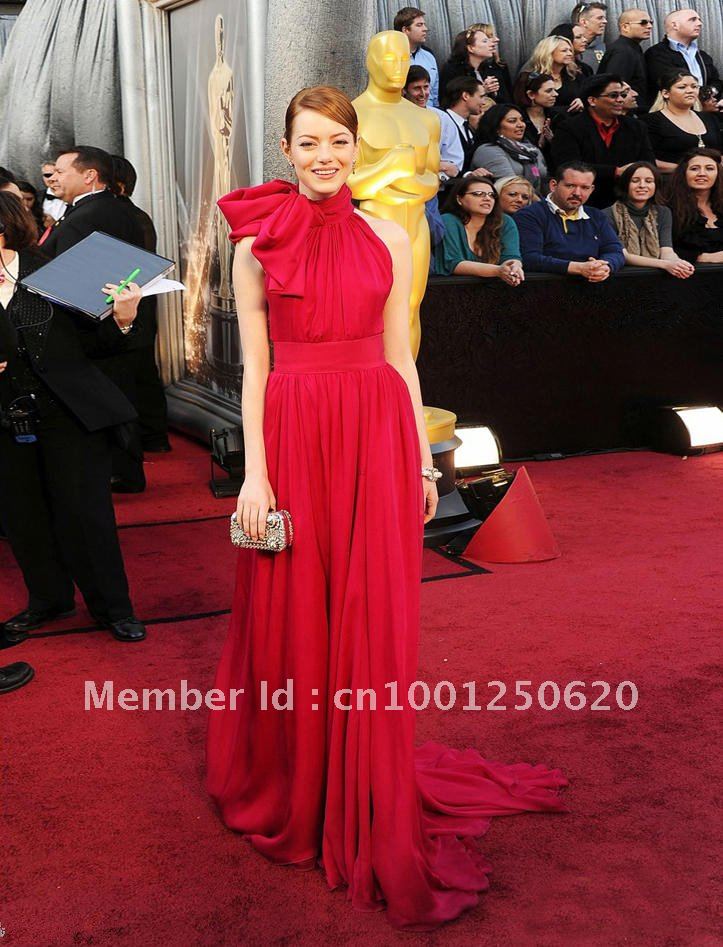 Free Shipping Emma Stone Red Dress at 2013 Oscar Red Carpet Chiffon Halter Sheath with Bow Celebrity Dresses