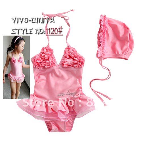 free shipping EMS!baby girls swimsuits one pieces kids'swimwear swim skirt + cap