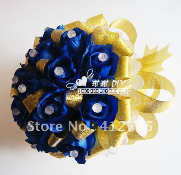 Free Shipping EMS!BLUELOVER Bride Flowers Bouquet,Decorative flowers with gold ribbons