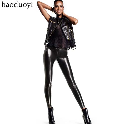 free shipping EMS/DHL PU elastic waist elastic legging trousers gold hm oblique zipper motorcycle leather pants 6 full