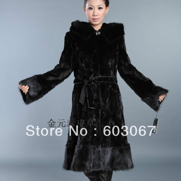 Free Shipping EMS Fine mink hooded ultra long fur coat mink fur overcoat female outerwear marten velvet