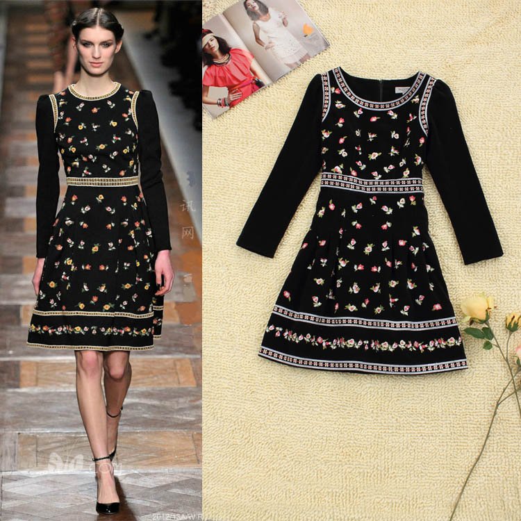 Free shipping EMS woman Black vintage long sleeve O neck knee length flowers embroidery dress 2012 autumn winter new 12073002