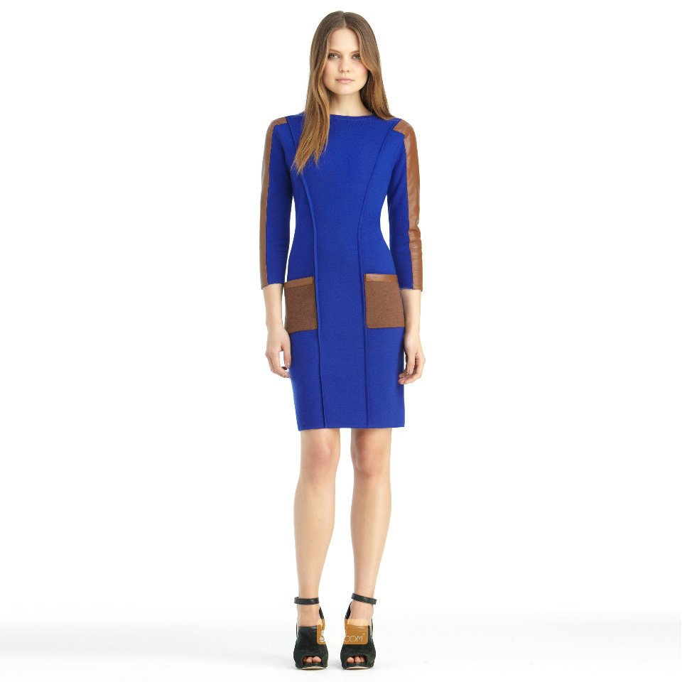 Free shipping EMS woman blue slim Autumn new full sleeve jersey patchwork leather A line 2012 brand fashion dress ED12083003