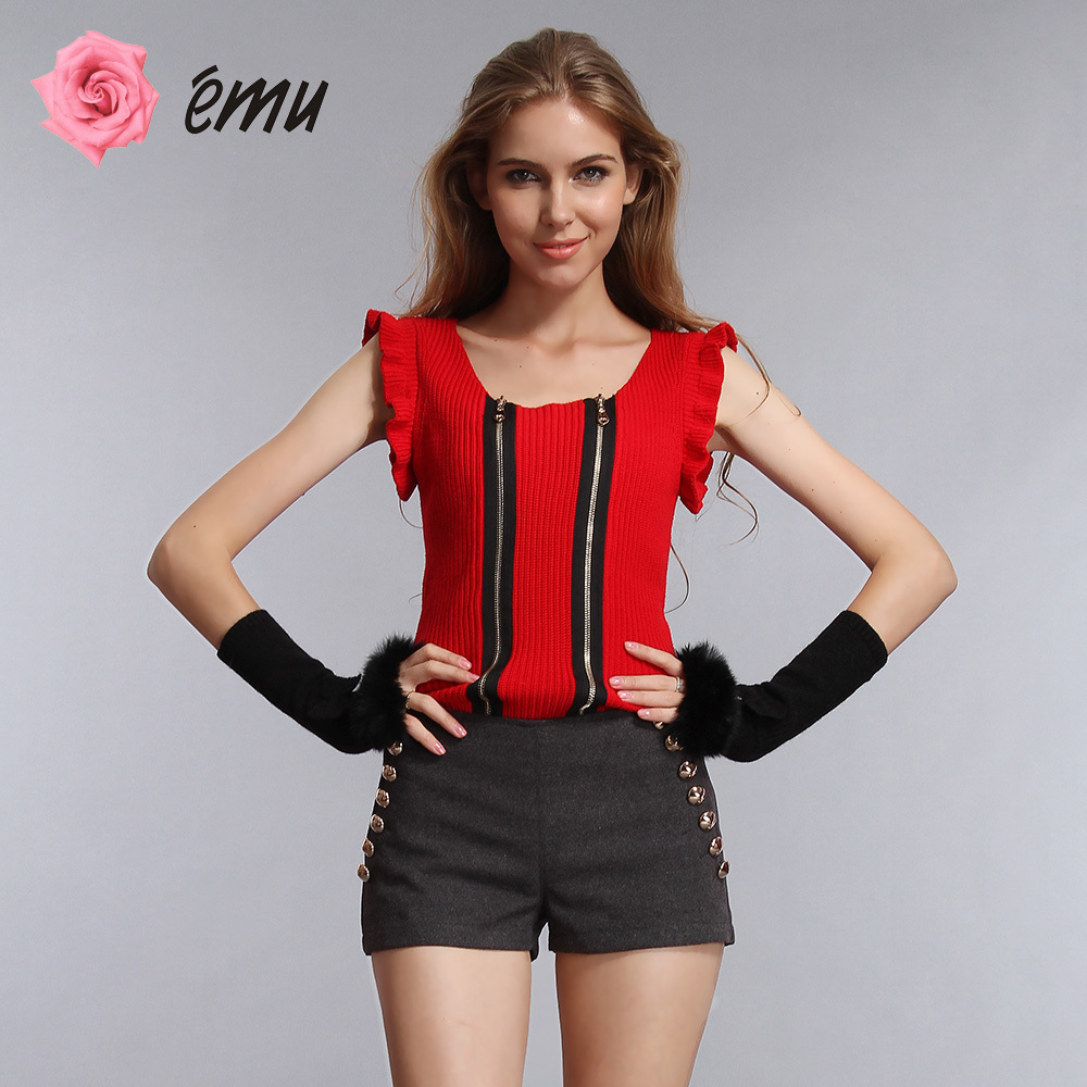 Free shipping Emu autumn new arrival all-match slim zipper shorts wool knitted top sweater female short design 84137010
