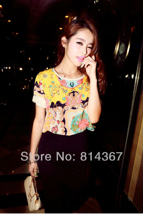 FREE SHIPPING!ETHNIC-PRINT SHORT SLEEVE CHIFFON TOP WITH ZIPPER BACK WF-0279
