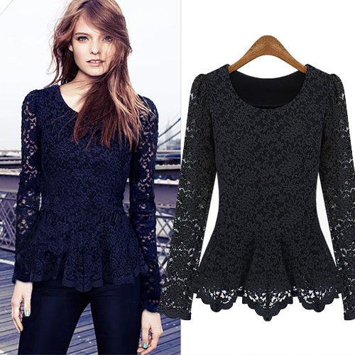 free shipping Euro-Amer crochet black lace round neck temperament long sleeve Blouses  bottom shirt Z237 retail /wholesale