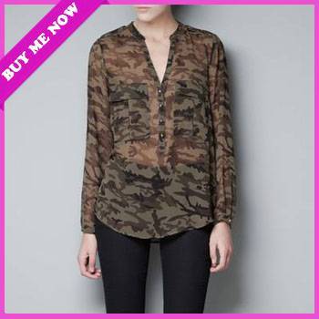 Free Shipping Euro Fashion Spring Women V-neck Army Green Camouflage Transparent  Blouse Rivet Button Elegant Casual T Shirt