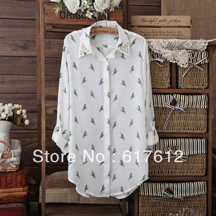 free shipping Europe American rivets diamond lapel loose women leisure parrot printing chiffon long-sleeved shirt  ladies blouse