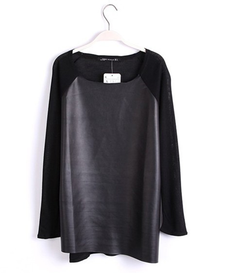 Free shipping/Europe  PU leather splicing round collar long sleeve knit unlined upper garment ,blouse,t-shirt  6116