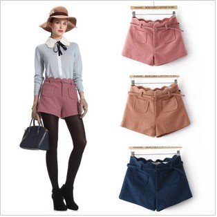 Free shipping Europe style new arrival high waist wave edge slim cashmere shorts/ women bootcut
