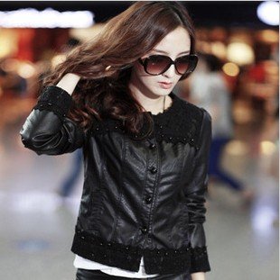 Free Shipping Europe/USA High Quality Slim Lace Flower Single Breast Leather & Suede Autumn Jacket for Women, S/M/L/XL
