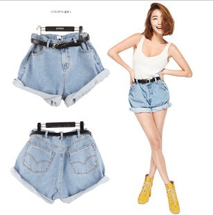 Free shipping Europe vintage style high waist lady denim shorts, women short turnup edge loose fashion jeans mill white solid