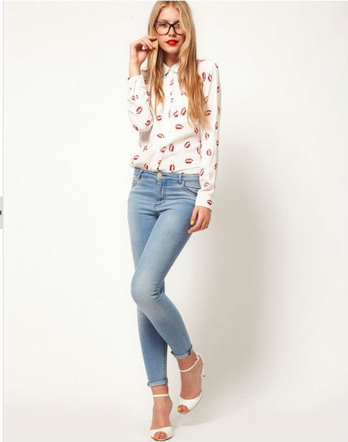 Free shipping European American women Sexy Red Lip Kiss Print Long Sleeve Blouse Button Shirt Top Size S M L