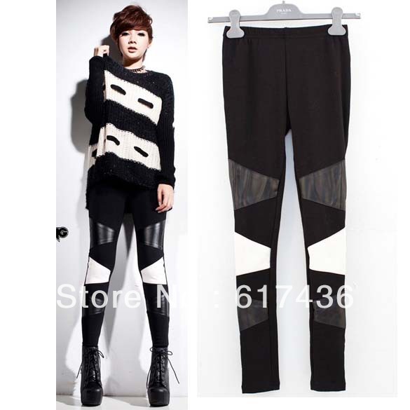 Free shipping European and American 2012 women's fashion triangular patchwork thin leather leggings W3462
