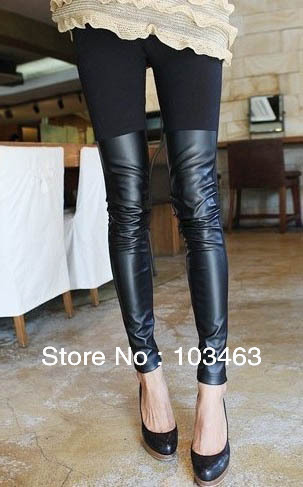 Free Shipping European New Arrival Sexy Women's Leggings Fashion Fuax Leather Cotton Patchwork Pants Black VL12