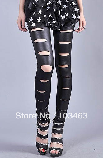 Free Shipping European New Arrival Sexy Women's Leggings Hot Fashion Fuax Leather Hole Slim Pants Black VL13
