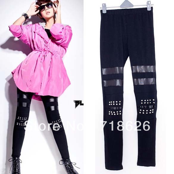 Free shipping European style 2012 autumn and winter women fashion new rock studs leather stitching thin Leggings W3464
