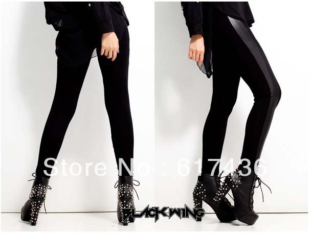 Free shipping European style 2012 autumn and winter women ladies fashion new leather stitching thin Leggings tights W3463