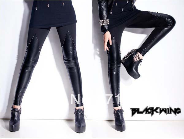 Free shipping European style women ladies' fashion patchwork studs long leather pants leggings W3461