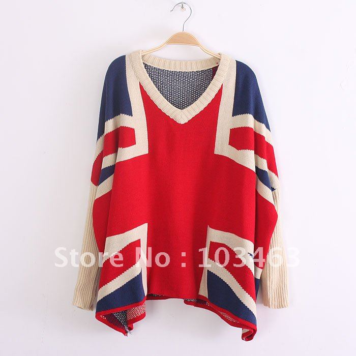 Free Shipping  European the Union Jack Print Loose Fashion Women's Knit with Bat-wing Long Sleeve Vneck Sweater V38