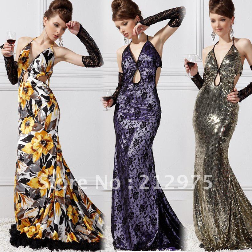 Free Shipping Evening Dress 2012 Deep V-neck 3 Colors Have (Purple Lace ,Gold Satin , Gold Sequin)