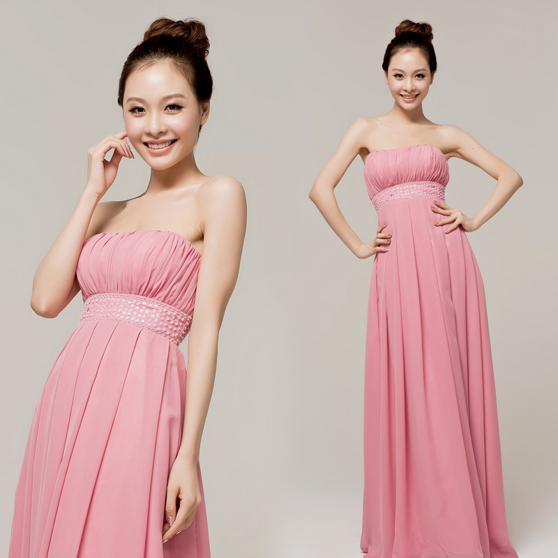 free shipping, Evening dress long design tube top pink pleated bride dress