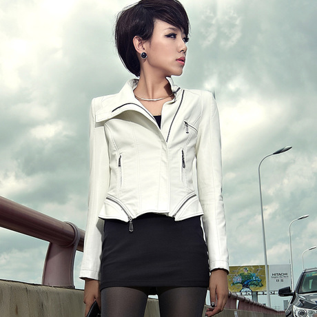 free shipping Excellent 2012 autumn outerwear white women's small leather clothing female short design slim PU jacket