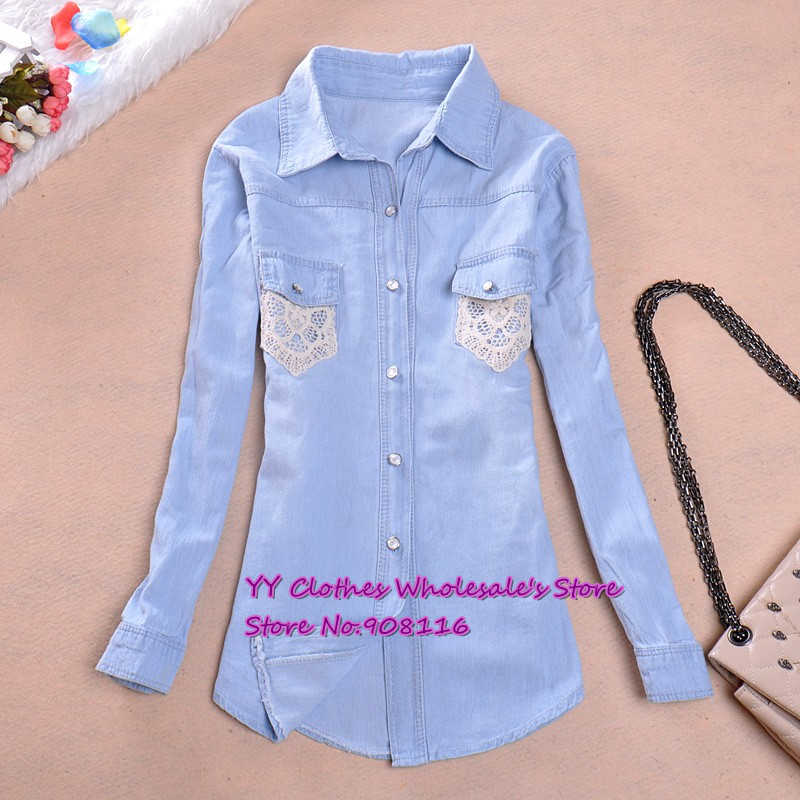 Free shipping,Excellent quality,1pcs/lot,2013 Korean Women pearl buttons long sleeve lace pocket solid denim shirts/blouse,X2912