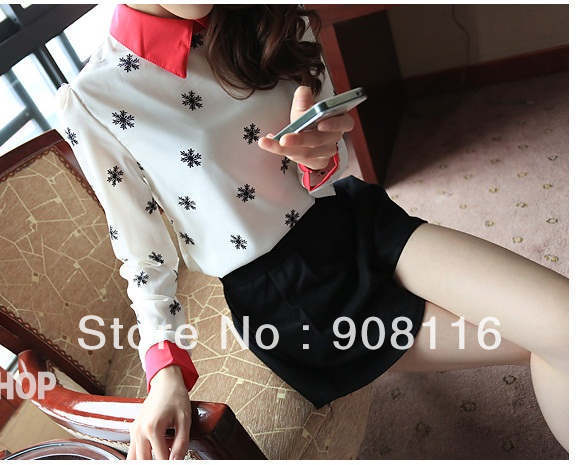Free shipping,Excellent quality,2013 Korean Women charming snow printed long sleeve chiffon shirts/blouse,X2949