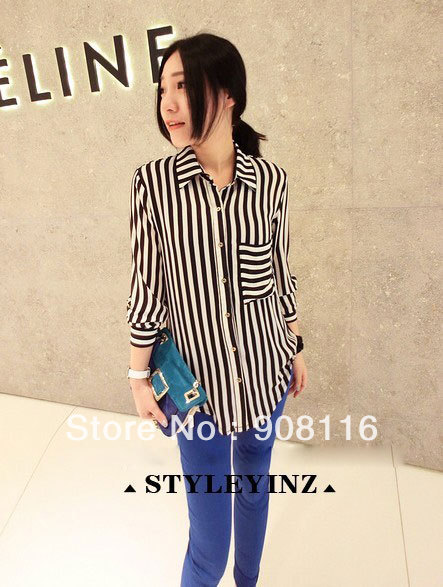 Free shipping,Excellent quality,2013 Korean Women elegant long sleeve sexy striped pocket chiffon shirts/blouse,1pcs/lot,X2952