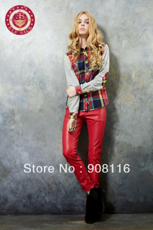 Free shipping,Excellent quality,2013 Korean Women patch color plaid campus style cute shirts/blouse,S,M,L,XL,X2919