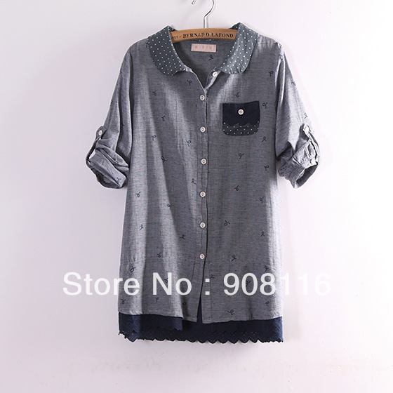 Free shipping,Excellent quality,2013 Korean Women Wave collar seven sleeved leisure cotton shirts,X2914