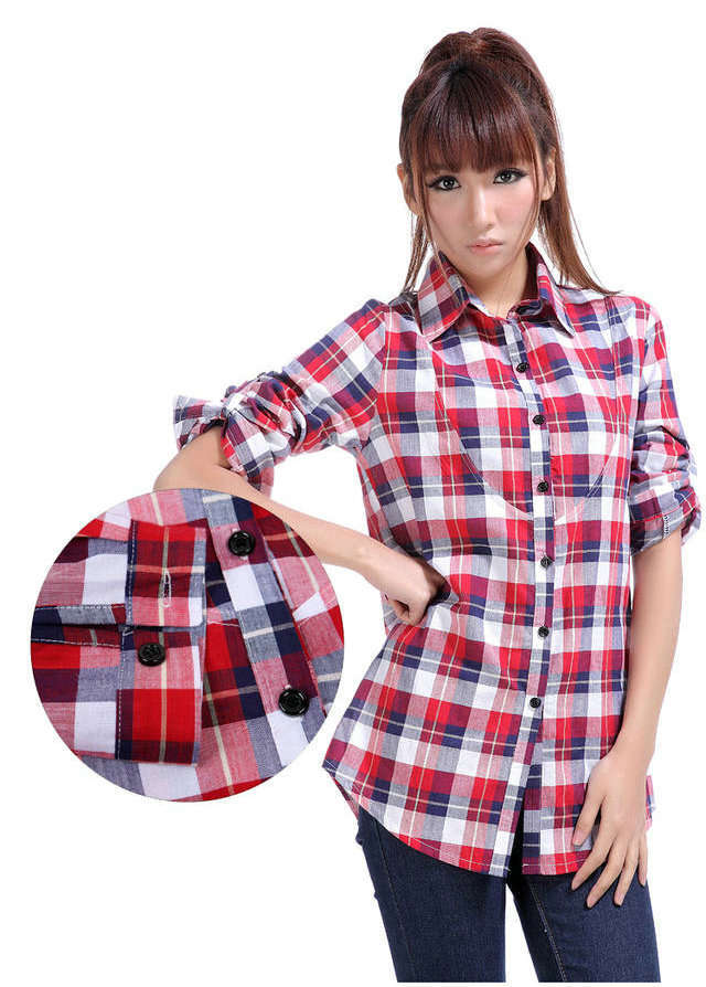 Free shipping,Excellent quality,2013 New Women long sleeve campus/college plaid casual cotton shirts/blouse,M,L, X2940
