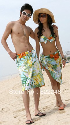 Free Shipping Exotic Flower 3 pics Scarf Bikini with mens beach shorts