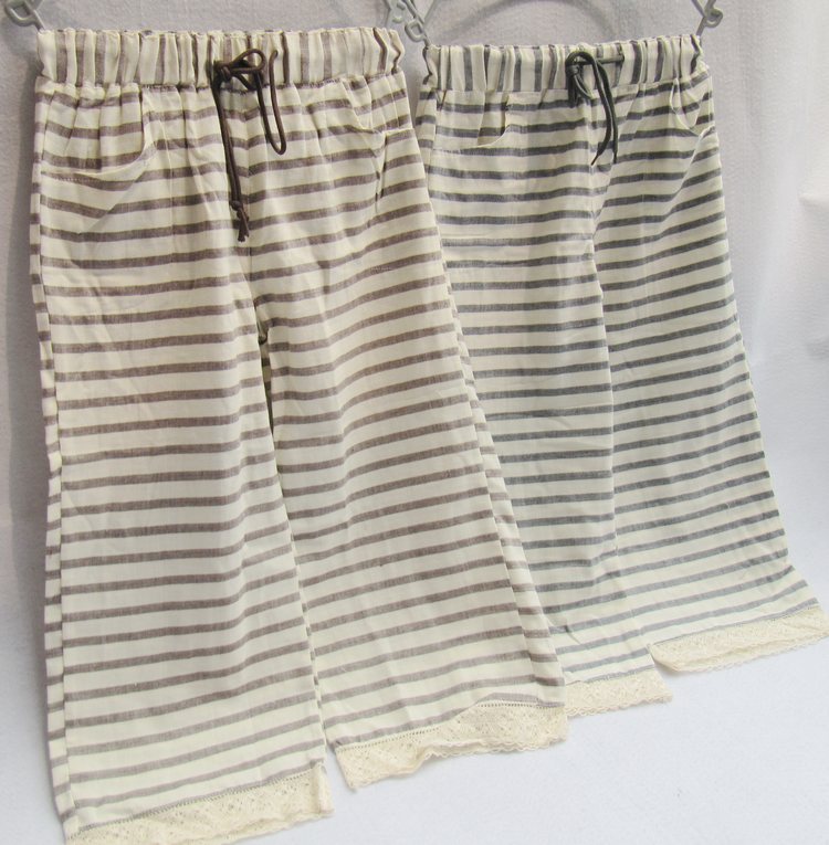 free shipping export Female fresh stripe 100% cotton double layer gauze pajamas pants casual pants pajama pants capris