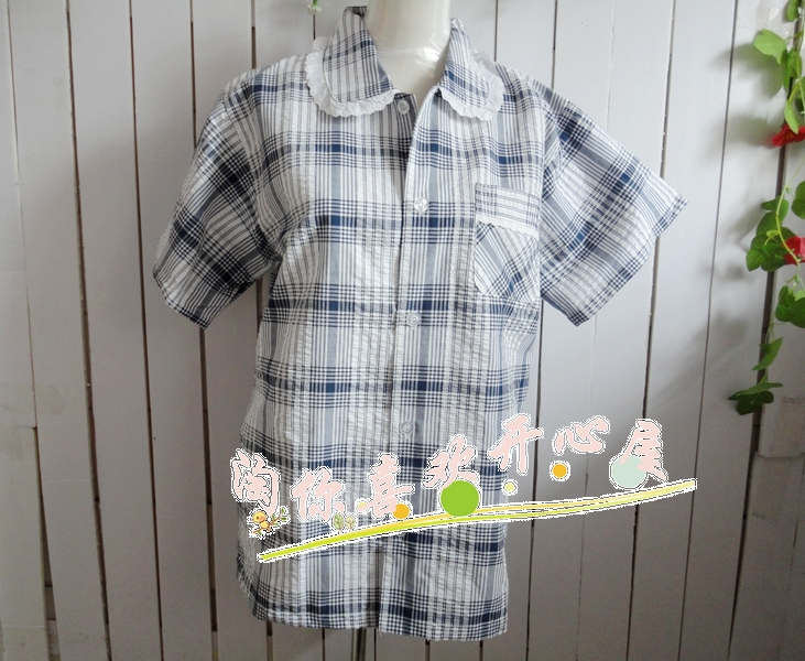 free shipping export Women's summer bubble 100% cotton short-sleeve plaid sleepwear upperwear pajamas top