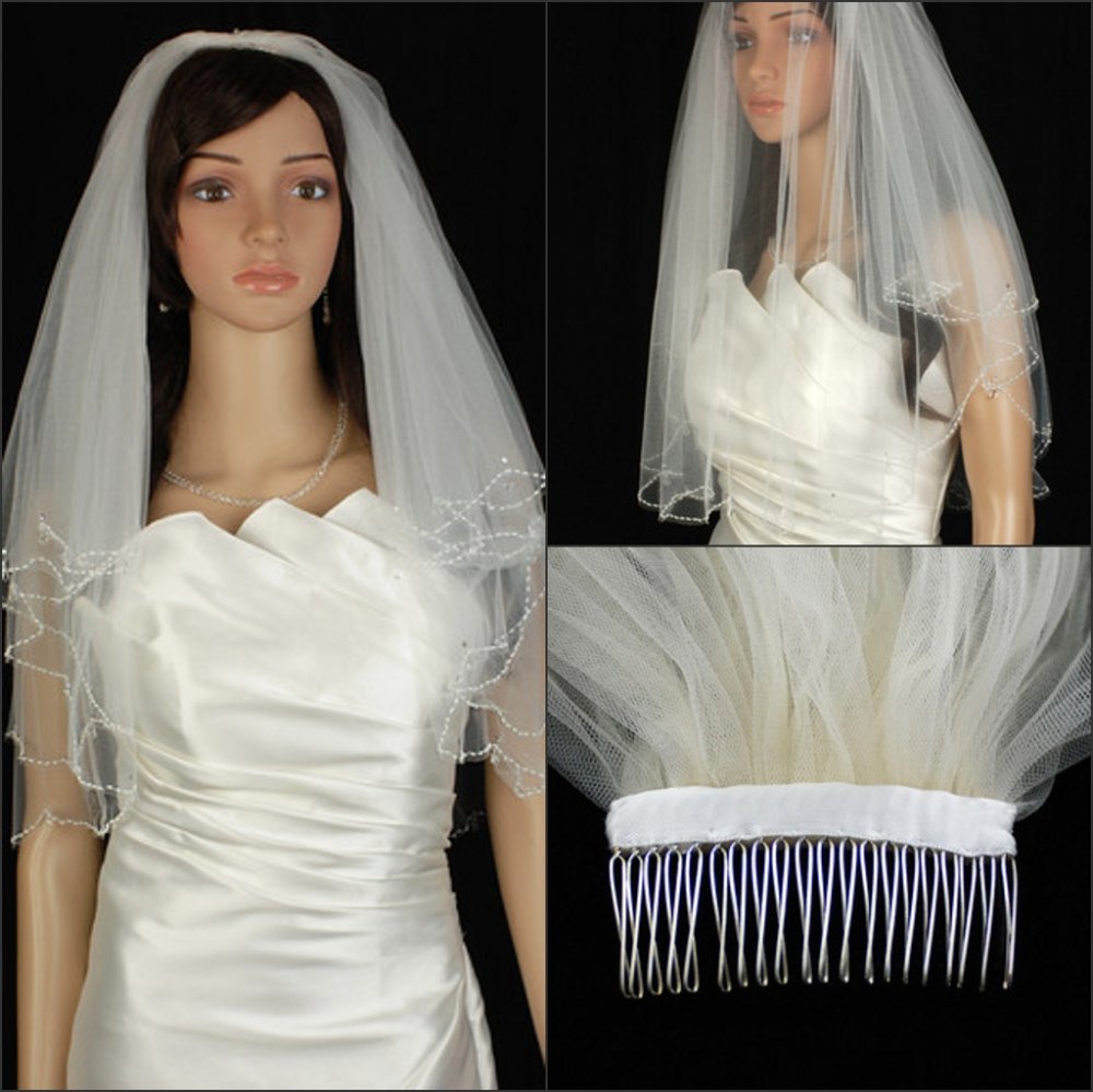 Free shipping Exquisite Fashion New 2 Tier White Elbow Beaded Scalloped Crystal Teardrop Trim Wedding Bridal Veil Beading