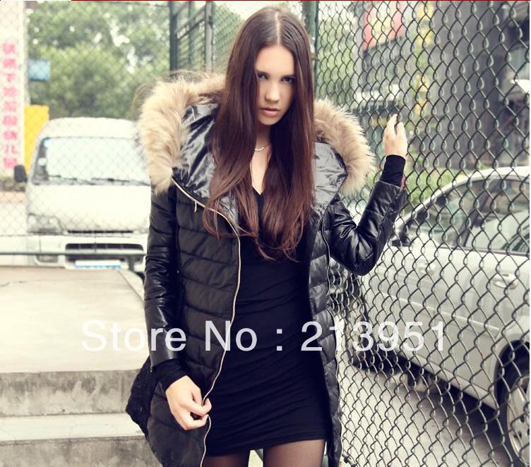 FREE SHIPPING Exquisite s slim ! luxury raccoon fur lace sheepskin oblique zipper down jacket female medium-long S8