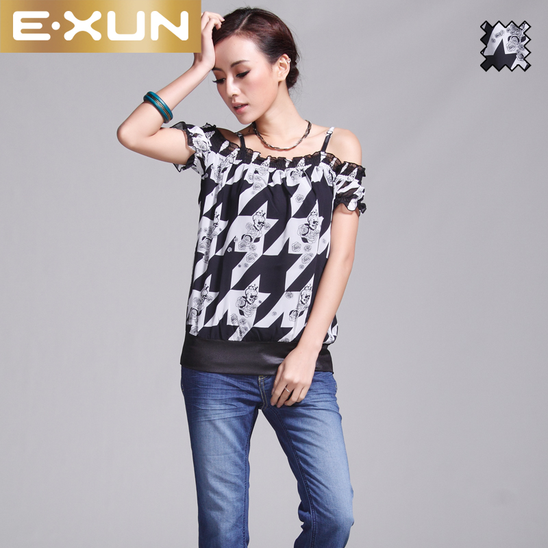 free shipping Exun 2013 b fashion doodle sweet strapless chiffon top t-shirt