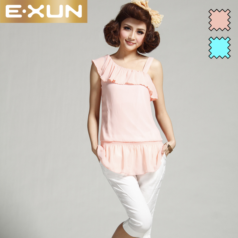 free shipping Exun 2013 summer strapless ruffle chiffon sleeveless T-shirt shirt 20411081