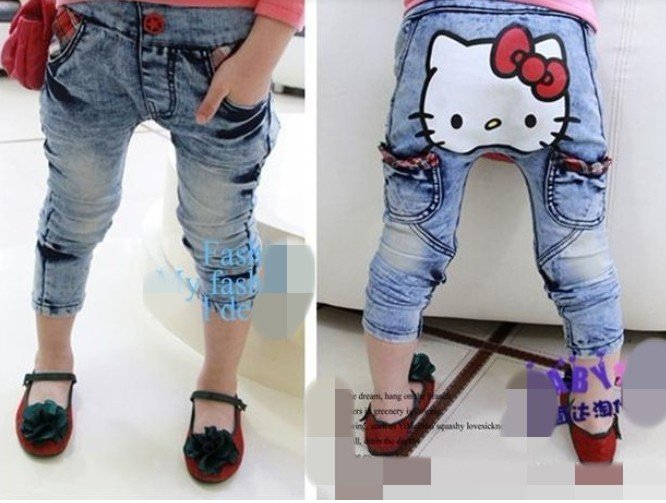 Free shipping factory price children girls helloo kitty design kid's fashion girl jeans pants 10pcs/lot