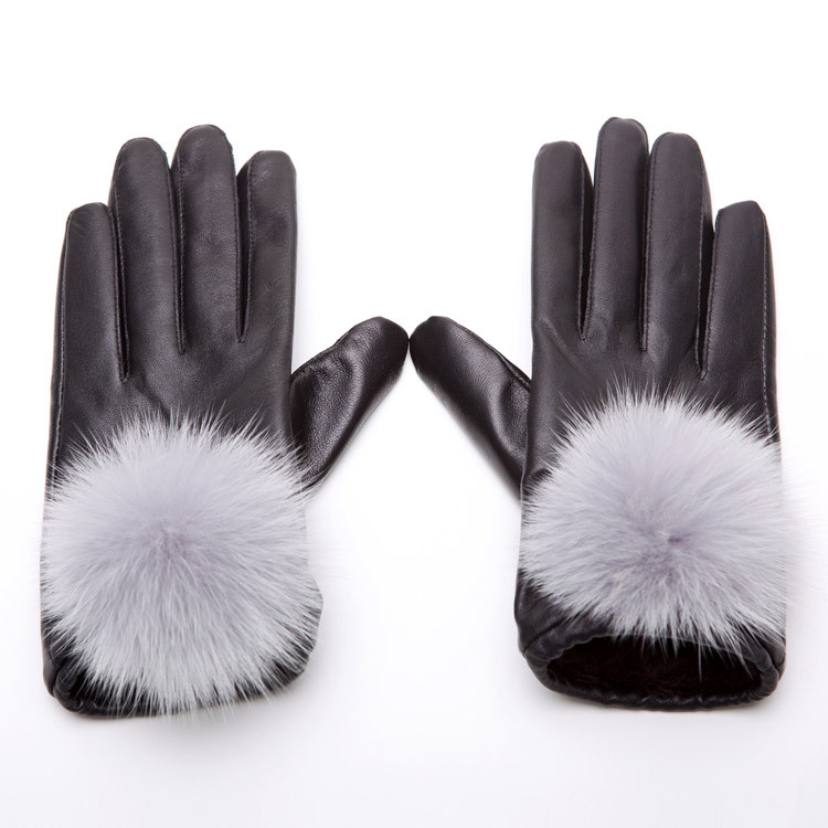 Free shipping Fahion Genuine Leather gloves female winter thermal fleece lined push-up fox fur suede Mittens black Hot saling