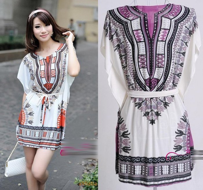 Free shipping!!! Fahsion vintage print plus size soft ice silk batwing sleeve dress - CAD137
