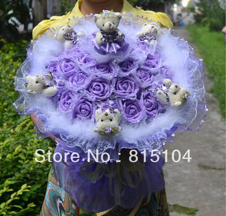 Free shipping fake bouquet 6 imported tactic bears 22 flower simulation rose creative gift wedding supplies toy bouquet AS3