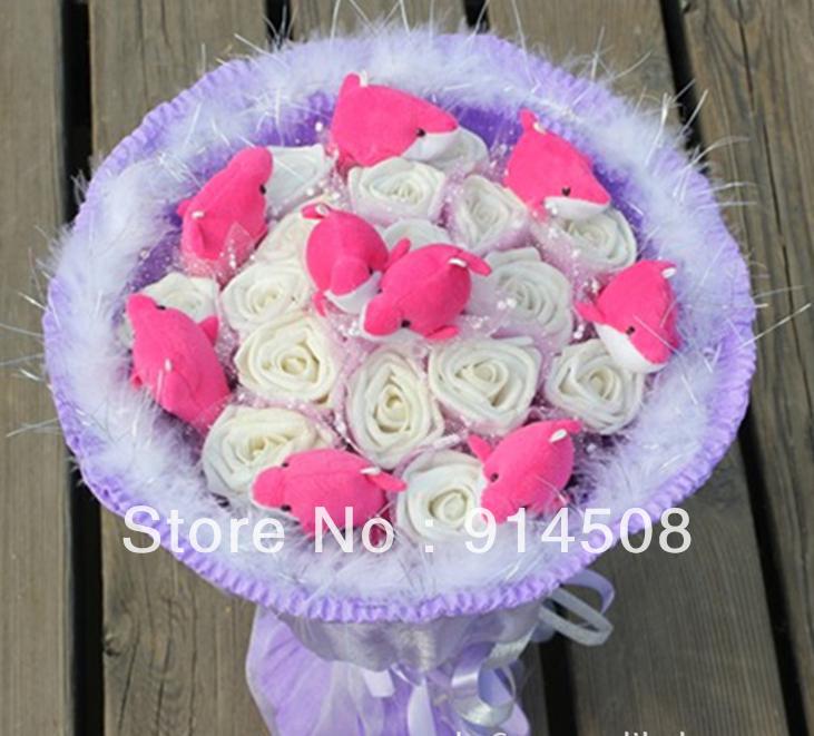 Free shipping  fake bouquet dried flowers 9 Dolphins 16 powder rose cartoon doll bouquet ZA614