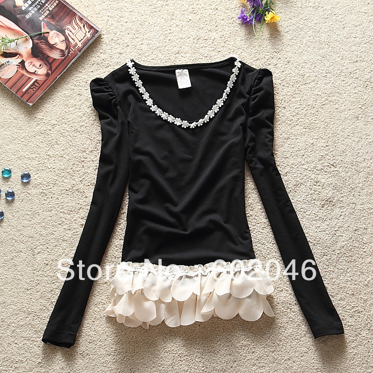 FREE SHIPPING FALBALA LONG SLEEVE ROUND COLLAR PURE COLOR RENDERING UNLINED UPPER GARMENT FASHION LEISURE FEMALE T-SHIRT HOODY