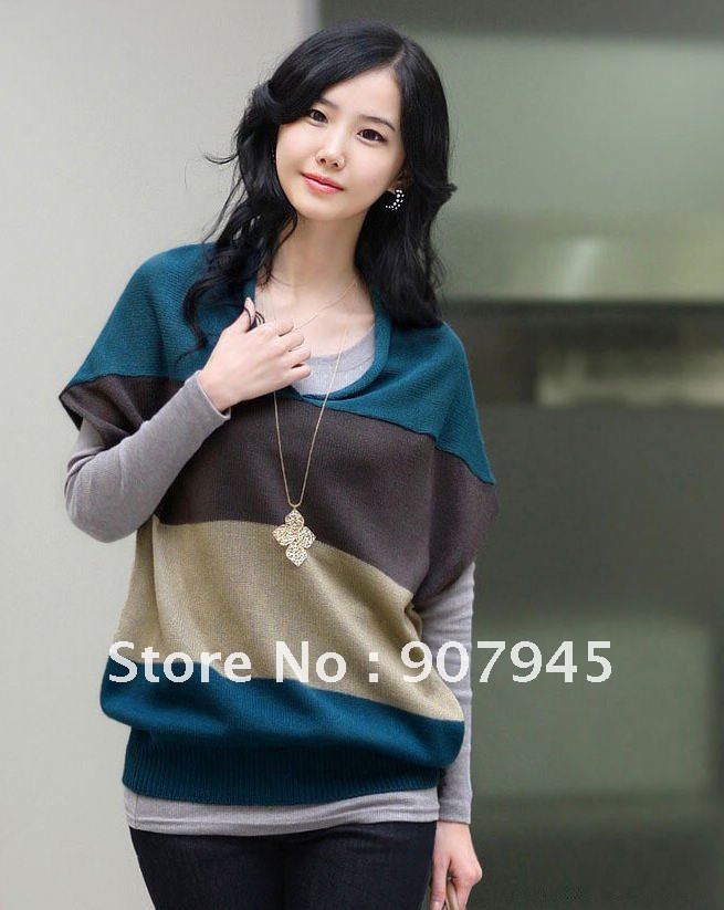 Free Shipping Fall and Winter Stripe Bat-Wing Sleeve Sweater Fashion Knitwear